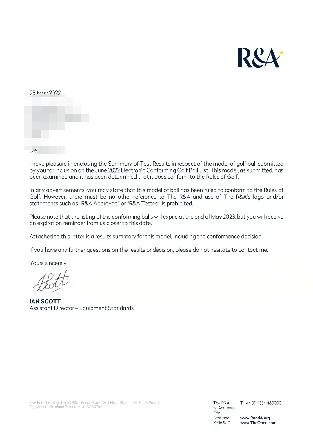 R&A Conforming Golf Ball Approval
