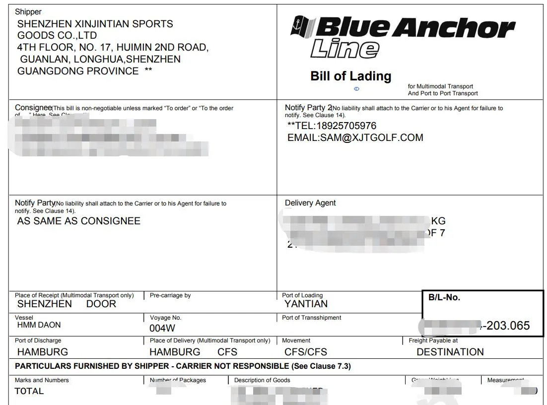 Golf ball shipment bill of lading to Germany