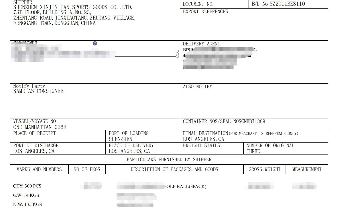 Golf ball customs documentation export to USA 2
